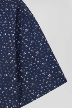 Chemise manches courtes en coton marine microimprimé fleurs coupe Regular