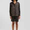Chemise sans col en popeline de coton noir microimprimé floral coupe Regular