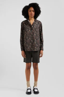 Chemise sans col en popeline de coton noir microimprimé floral coupe Regular