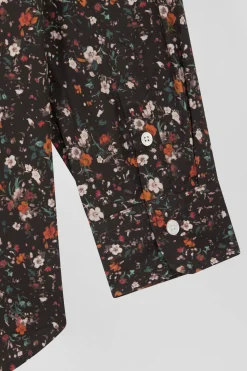 Chemise sans col en popeline de coton noir microimprimé floral coupe Regular