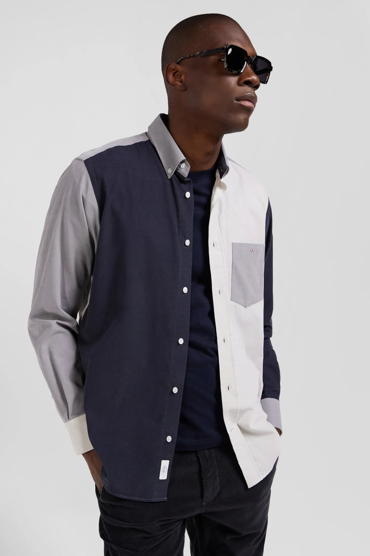 Chemise tricolore en coton gris coupe Regular