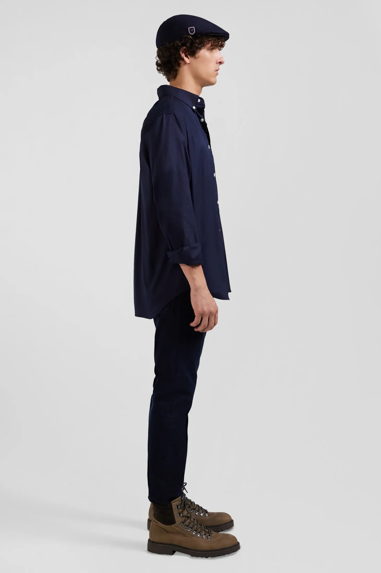 Chemise unie bleu marine en coton stretch mélangé coupe Regular