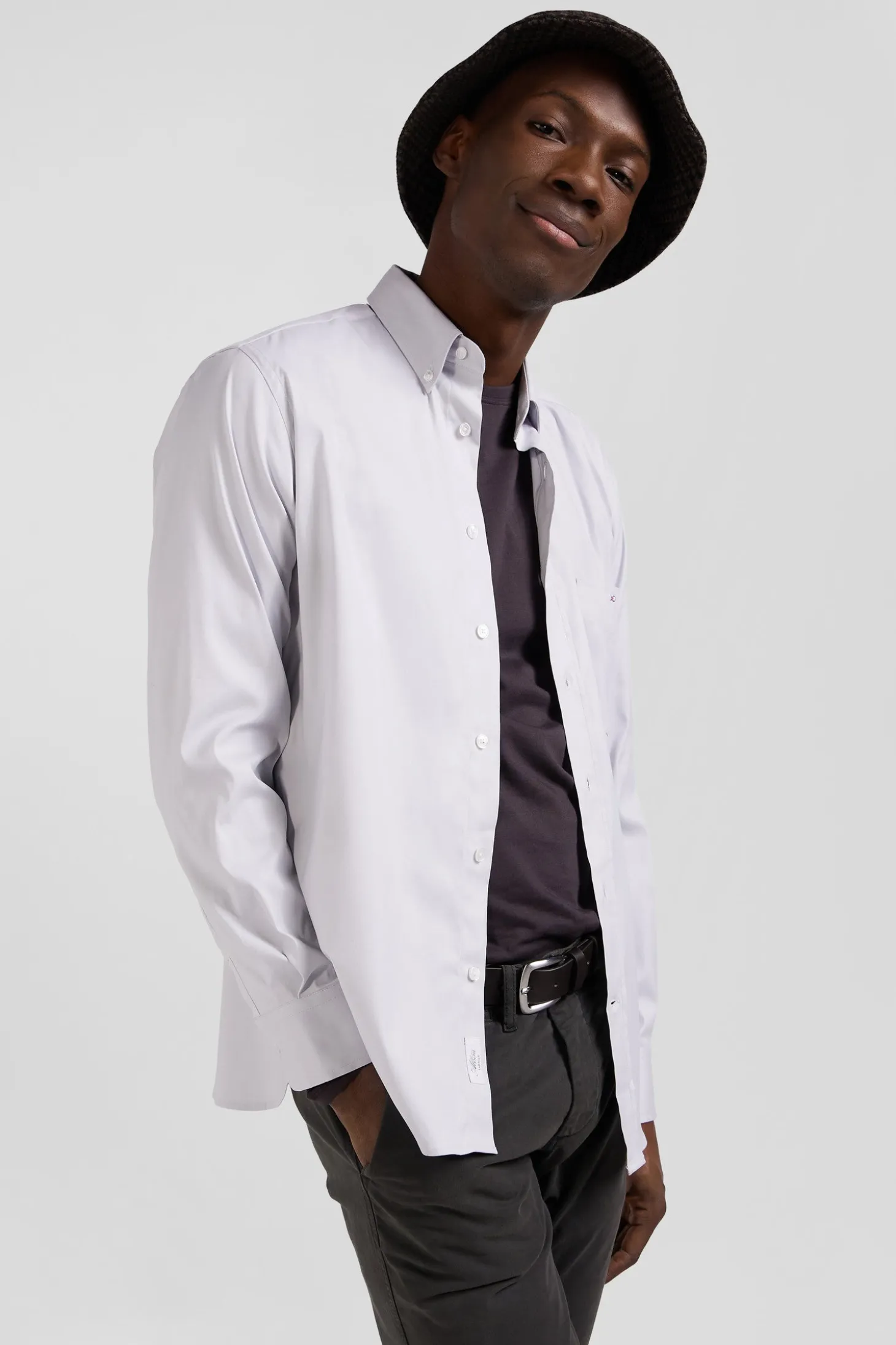 Chemise unie grise en coton stretch mélangé coupe Regular