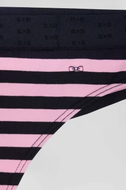 Culotte tanga en jersey coton stretch cerclé bleu marine et rose