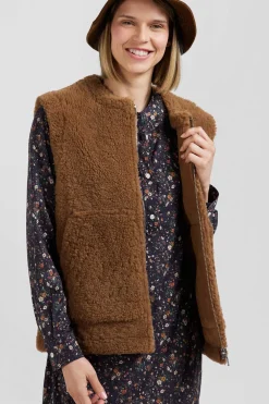 Gilet sans manches zippé en peau retournée camel coupe Relaxed