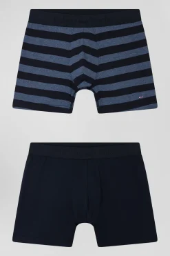 Lot de 2 boxers en coton stretch uni et cerclé bleu foncé