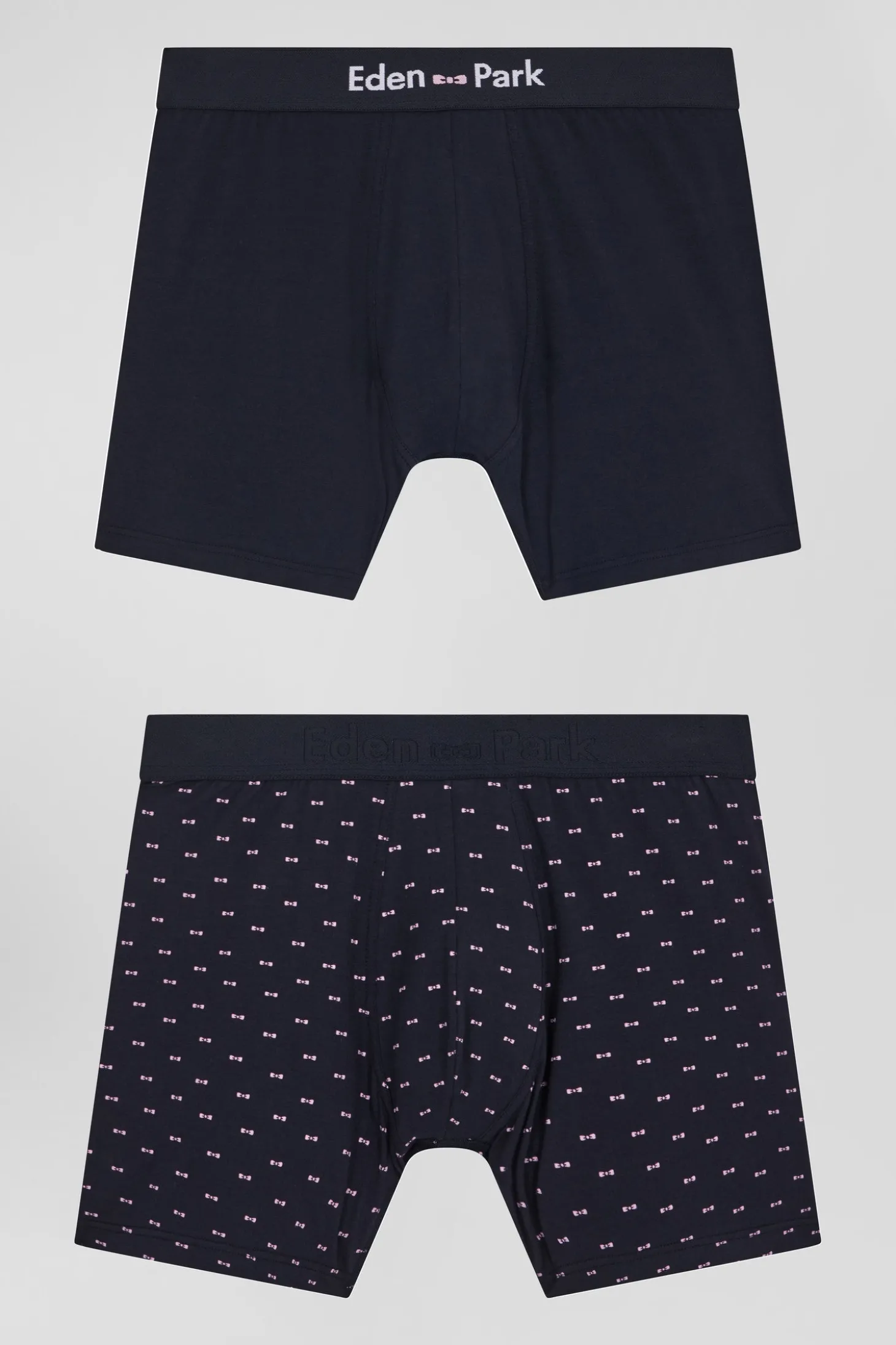 Lot de 2 boxers en coton stretch uni et micro-motifs bleu marine