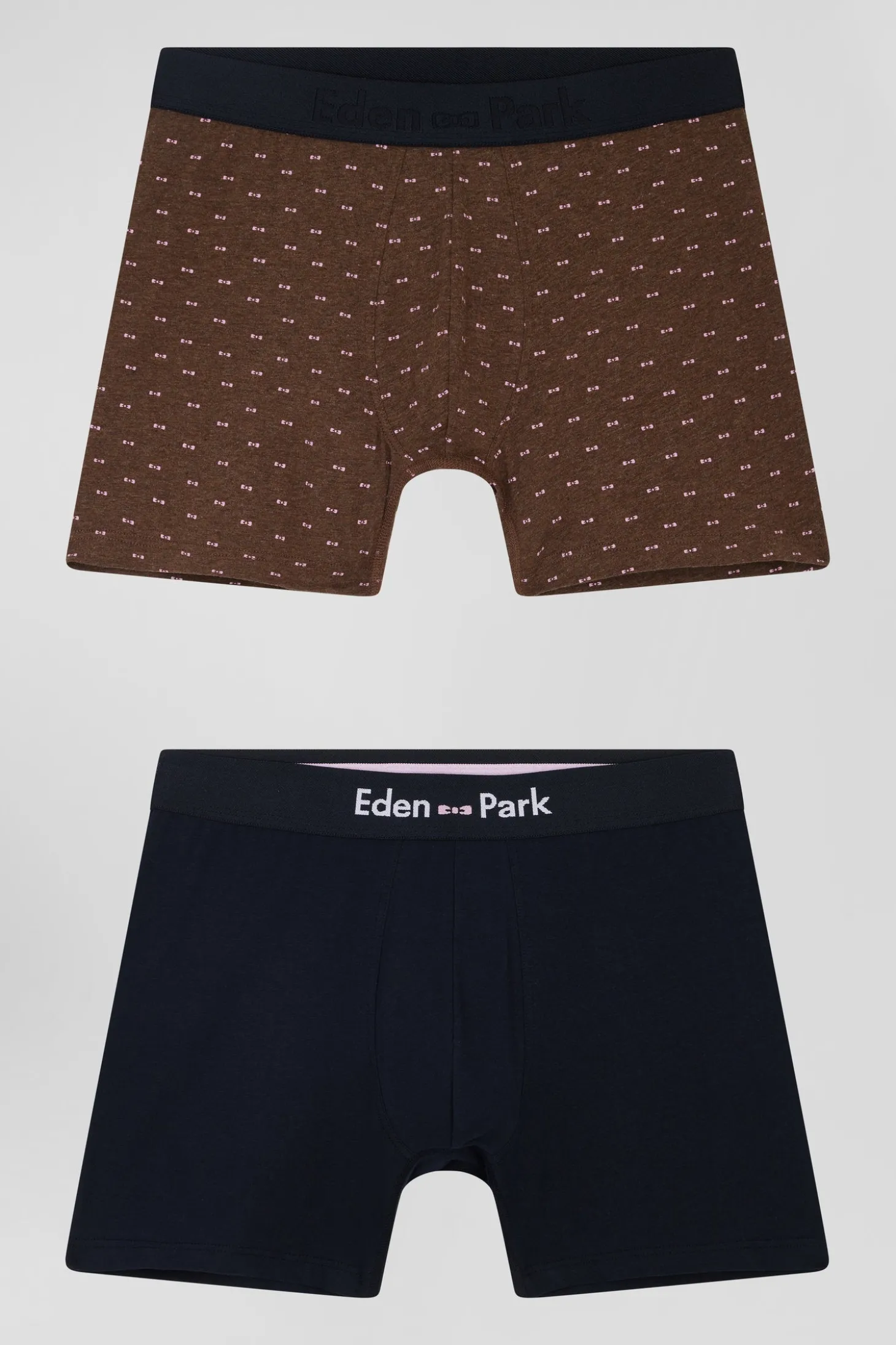 Lot de 2 boxers en coton stretch uni et micro-motifs marron
