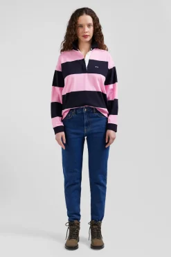 Maillot manches longues cerclé en coton marine et rose coupe Relaxed