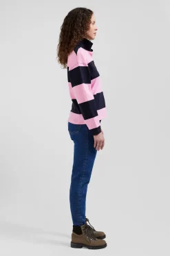 Maillot manches longues cerclé en coton marine et rose coupe Relaxed
