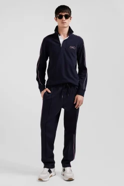 Maillot manches longues en coton bleu marine passepoil rose coupe Regular