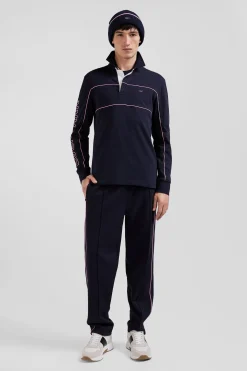 Maillot manches longues en coton bleu marine passepoil rose broderie Eden Park coupe Regular