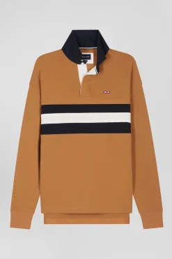 Maillot manches longues en coton camel brodé coupe Relaxed