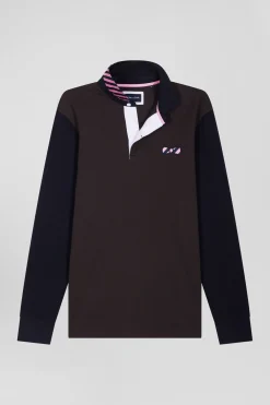 Maillot manches longues en coton marron applications de tissu cravate cerclé coupe Regular