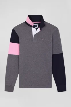 Maillot manches longues en coton gris broderie et applications de tissus cravate coupe Regular