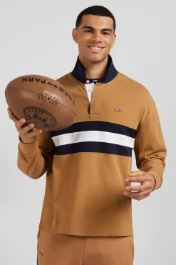 Maillot manches longues en coton camel brodé coupe Relaxed