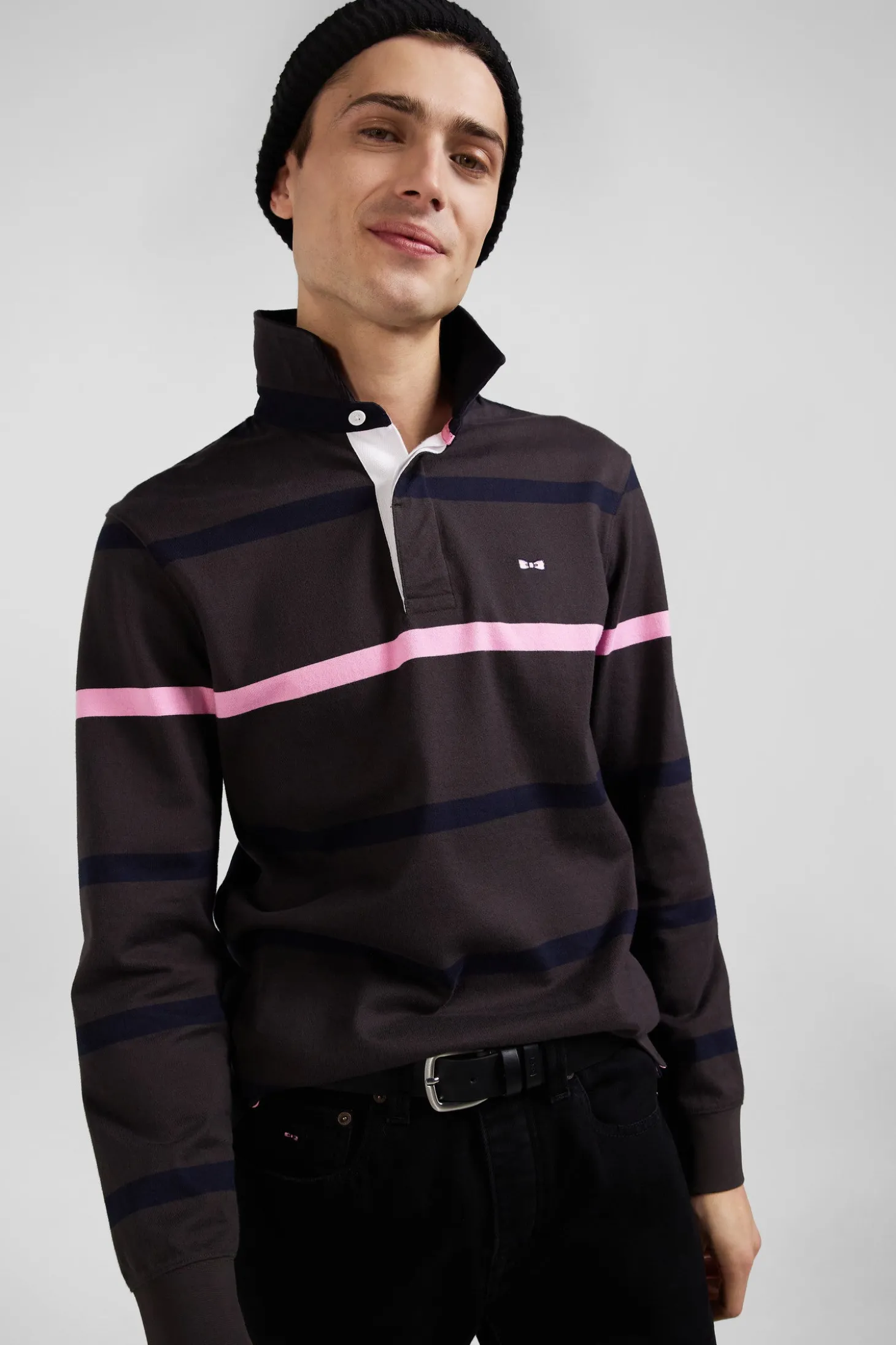 Maillot manches longues en coton cerclé marron broderie dos coupe Regular