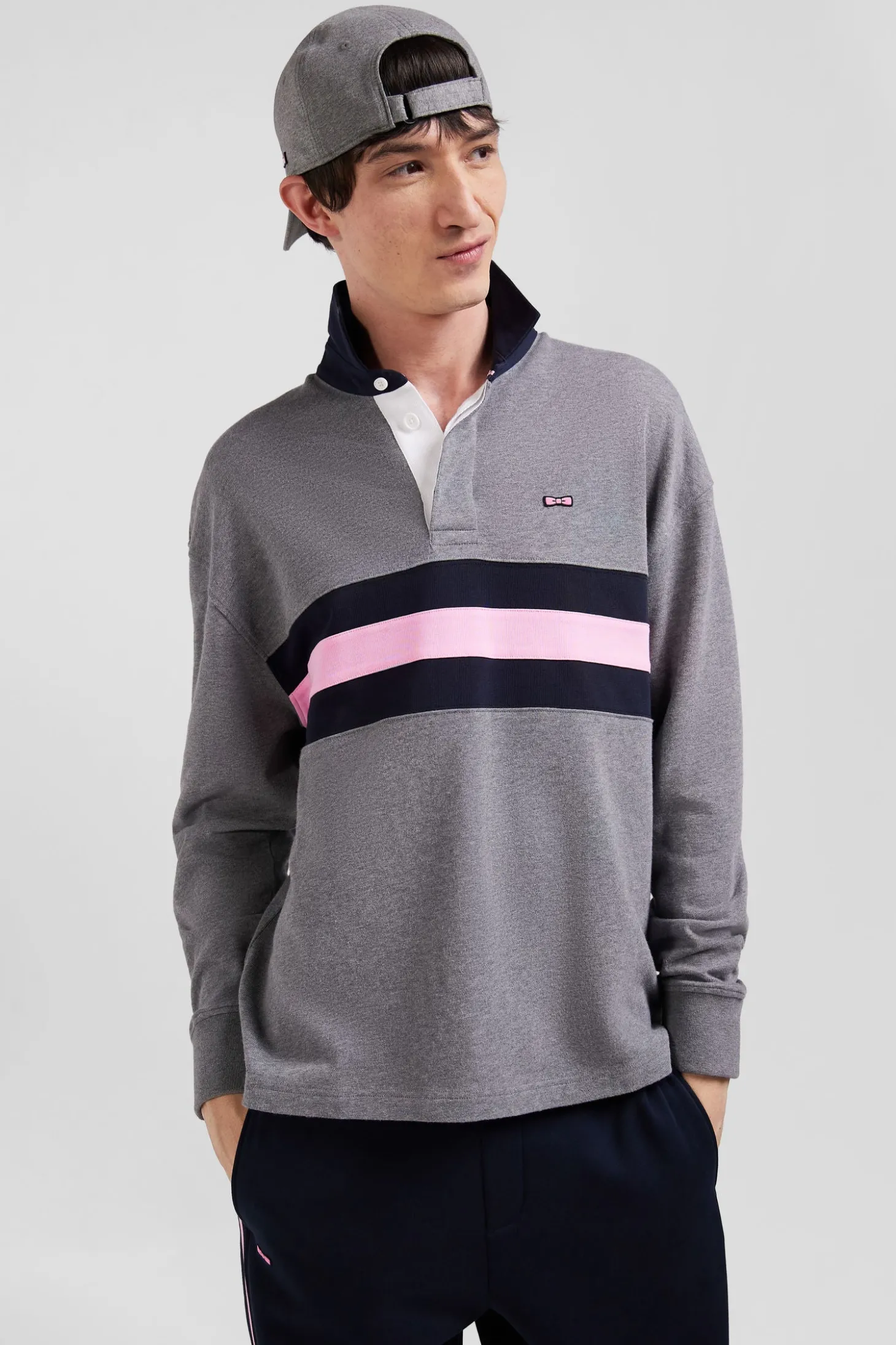 Maillot manches longues en coton gris brodé coupe Relaxed