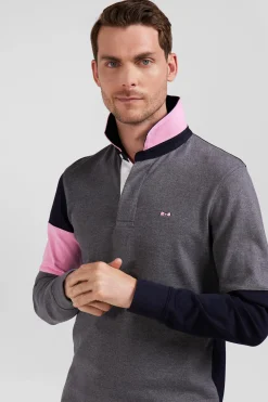 Maillot manches longues en coton gris broderie et applications de tissus cravate coupe Regular
