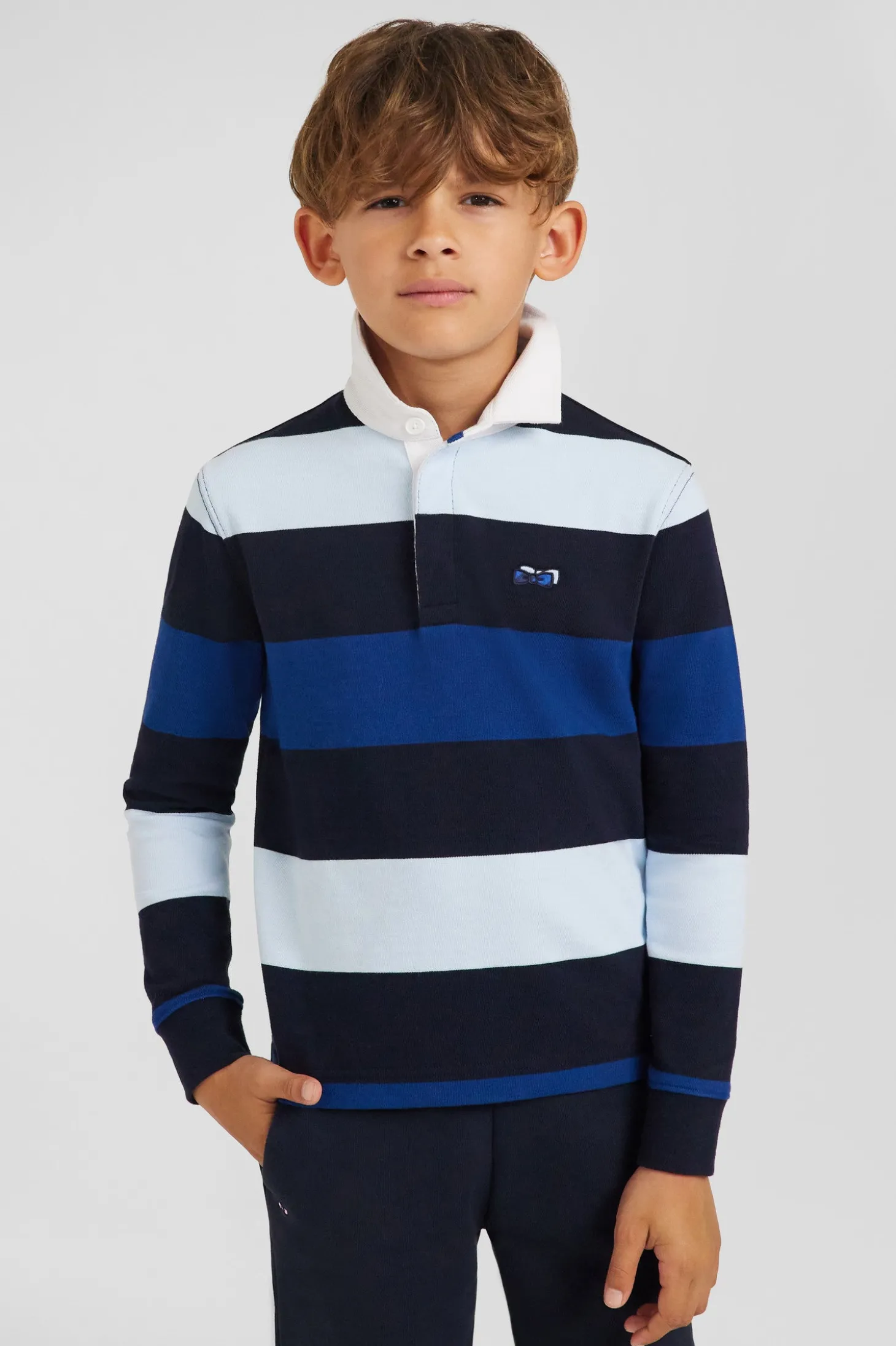 Maillot manches longues en coton bleu marine cerclé coupe Regular