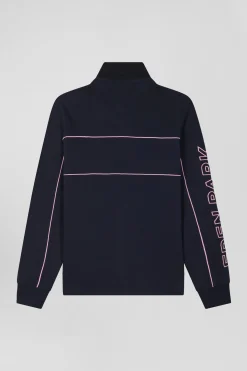 Maillot manches longues en coton bleu marine passepoil rose broderie Eden Park coupe Regular