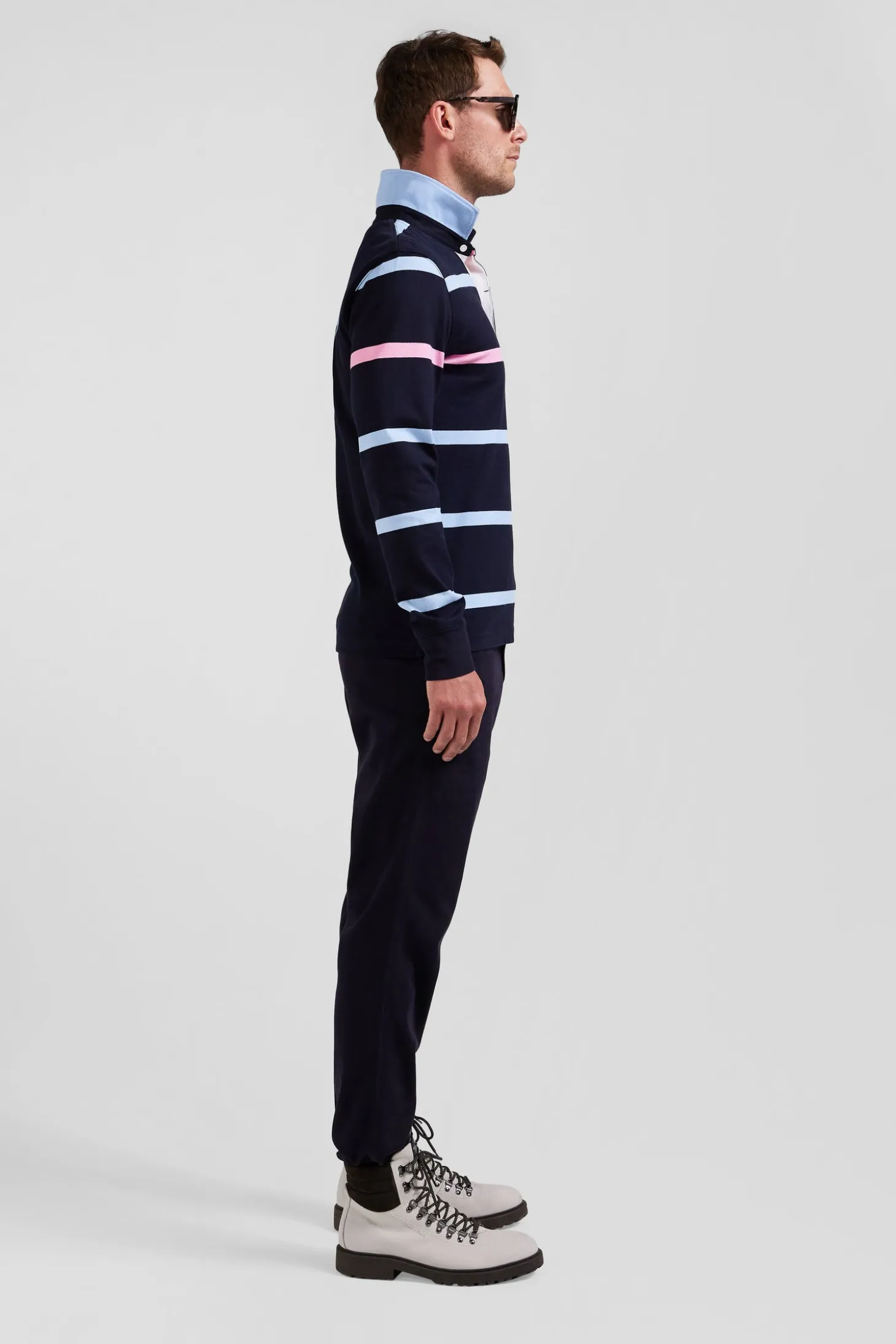 Maillot manches longues en coton cerclé bleu marine et ciel broderie dos coupe Regular