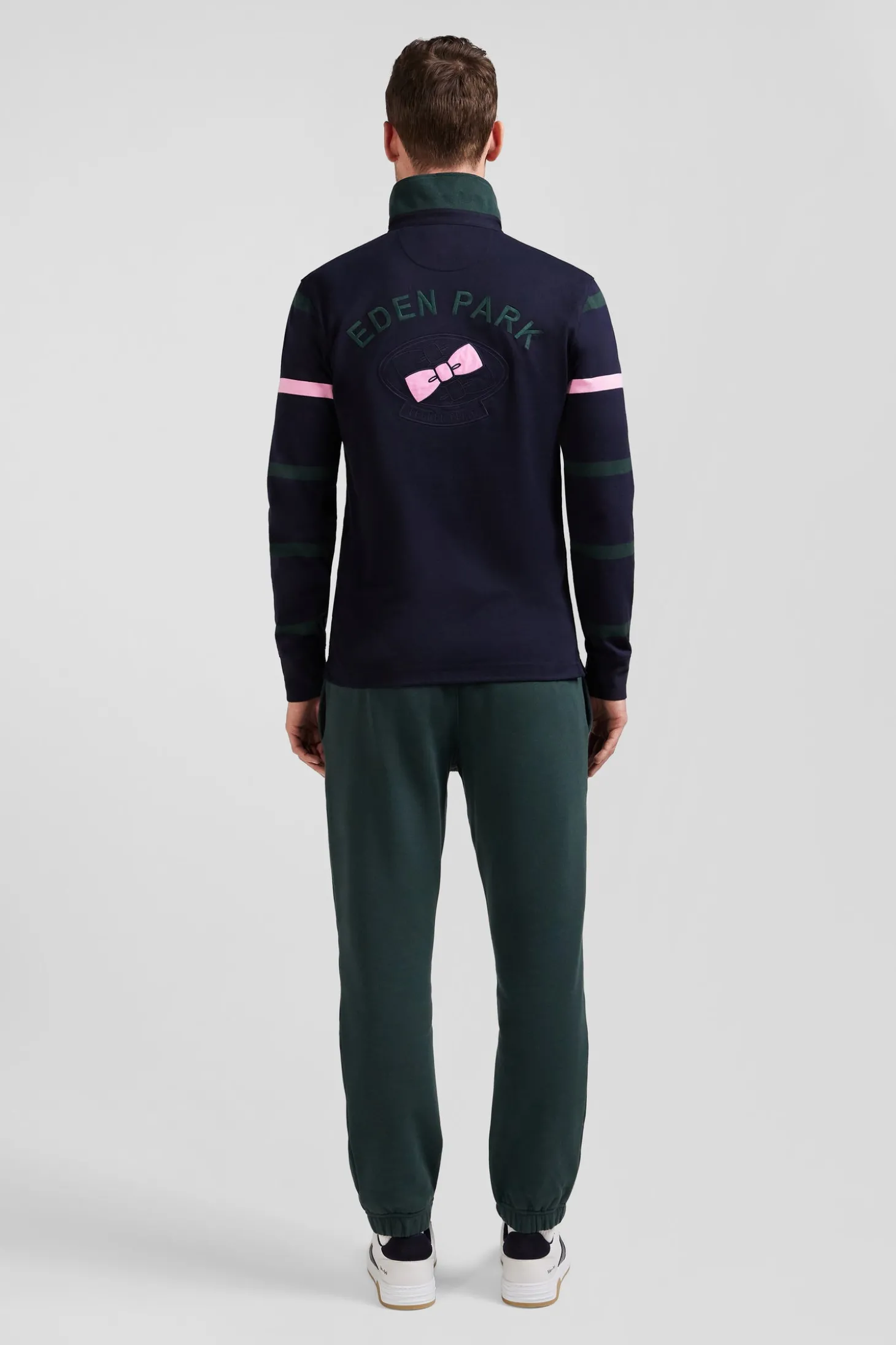 Maillot manches longues en coton cerclé vert broderie dos coupe Regular