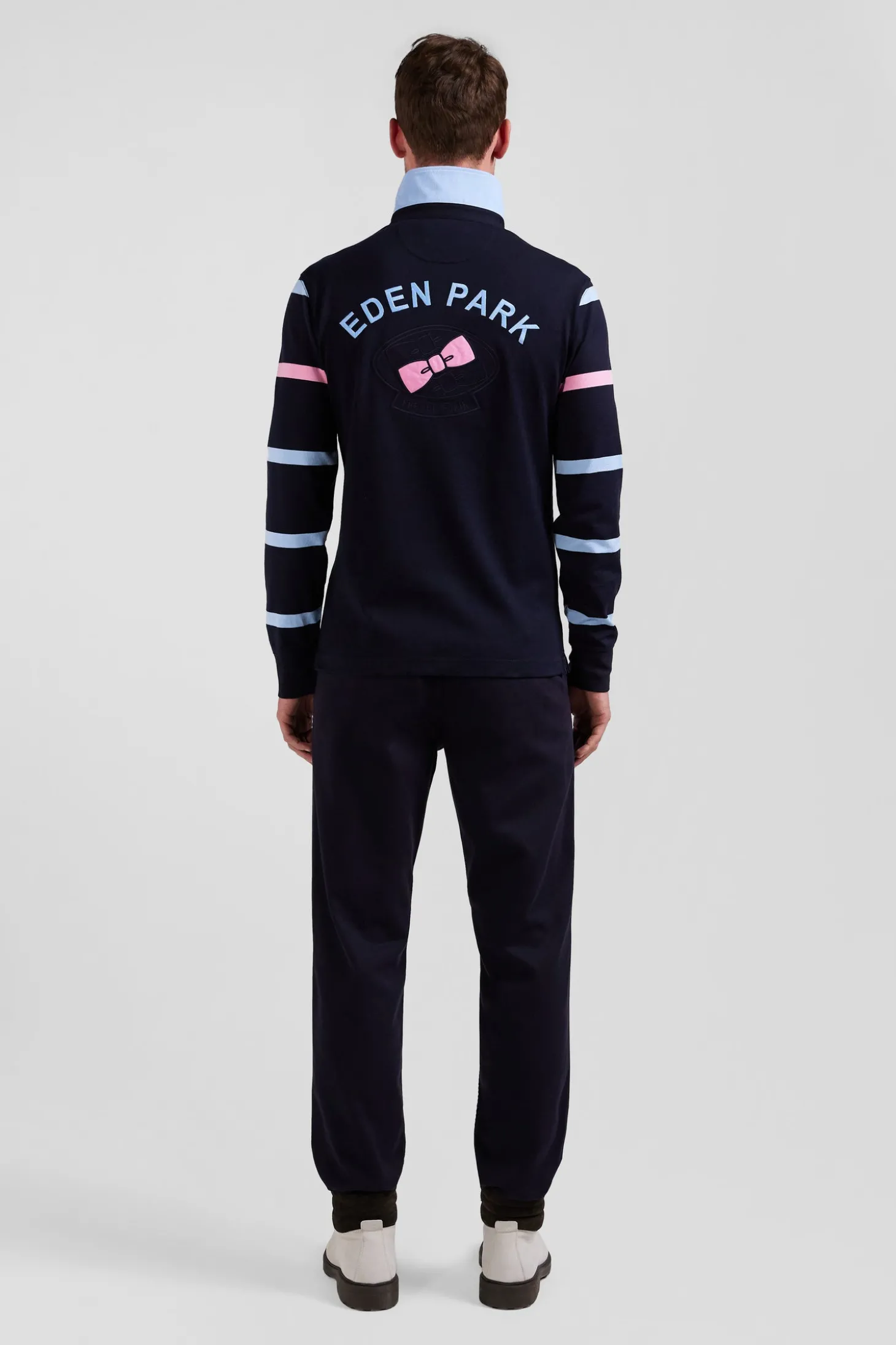 Maillot manches longues en coton cerclé bleu marine et ciel broderie dos coupe Regular
