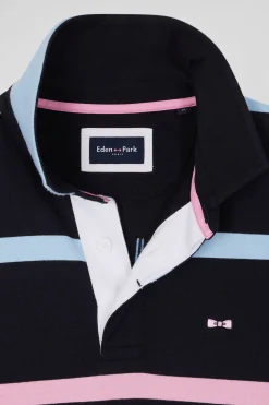 Maillot manches longues en coton cerclé bleu marine et ciel broderie dos coupe Regular