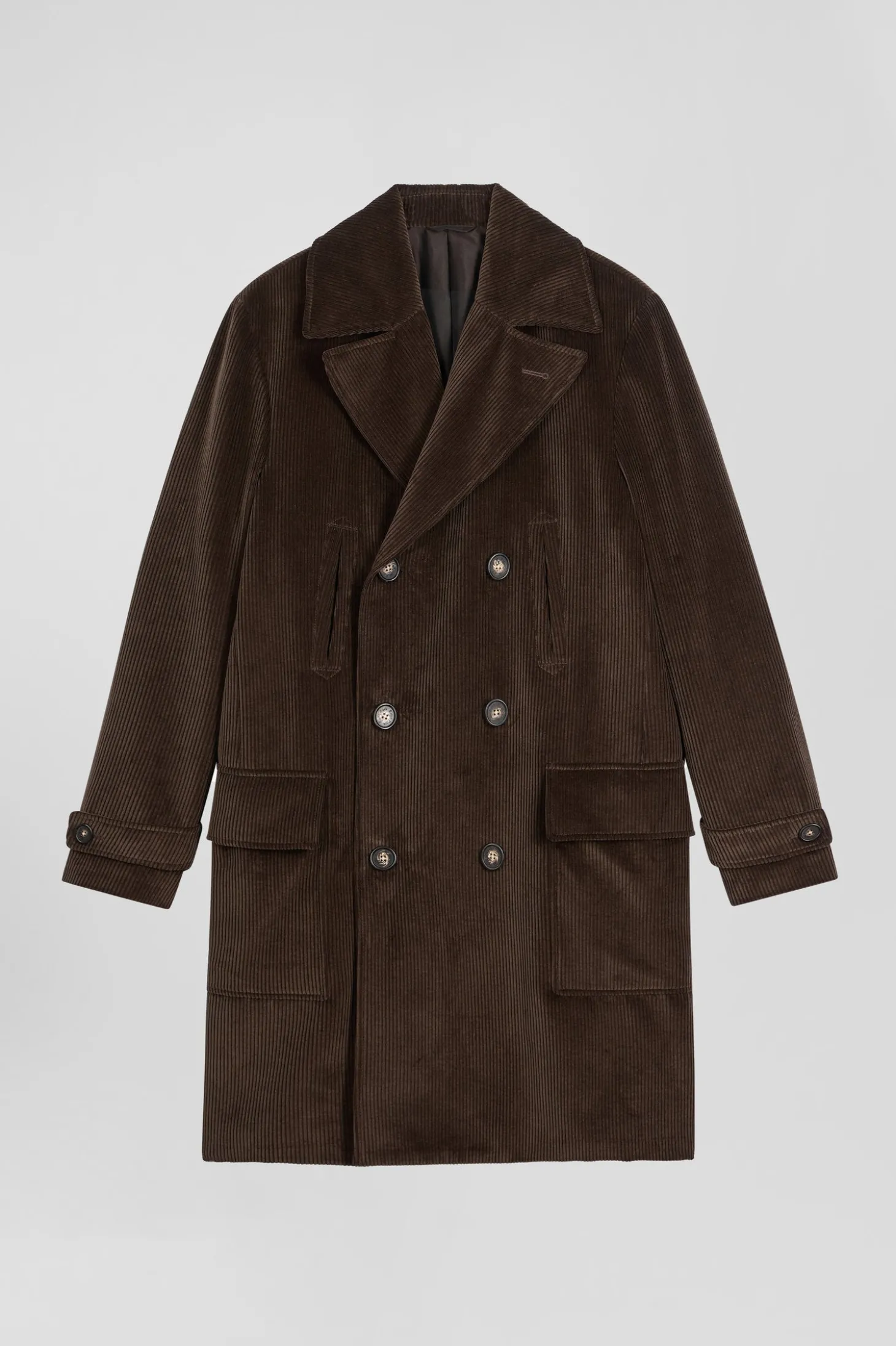 Manteau à double boutonnage en coton mélangé stretch marron