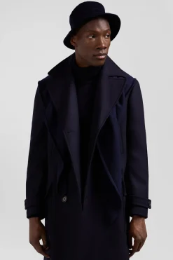 Manteau à double boutonnage en laine mélangée bleu marine