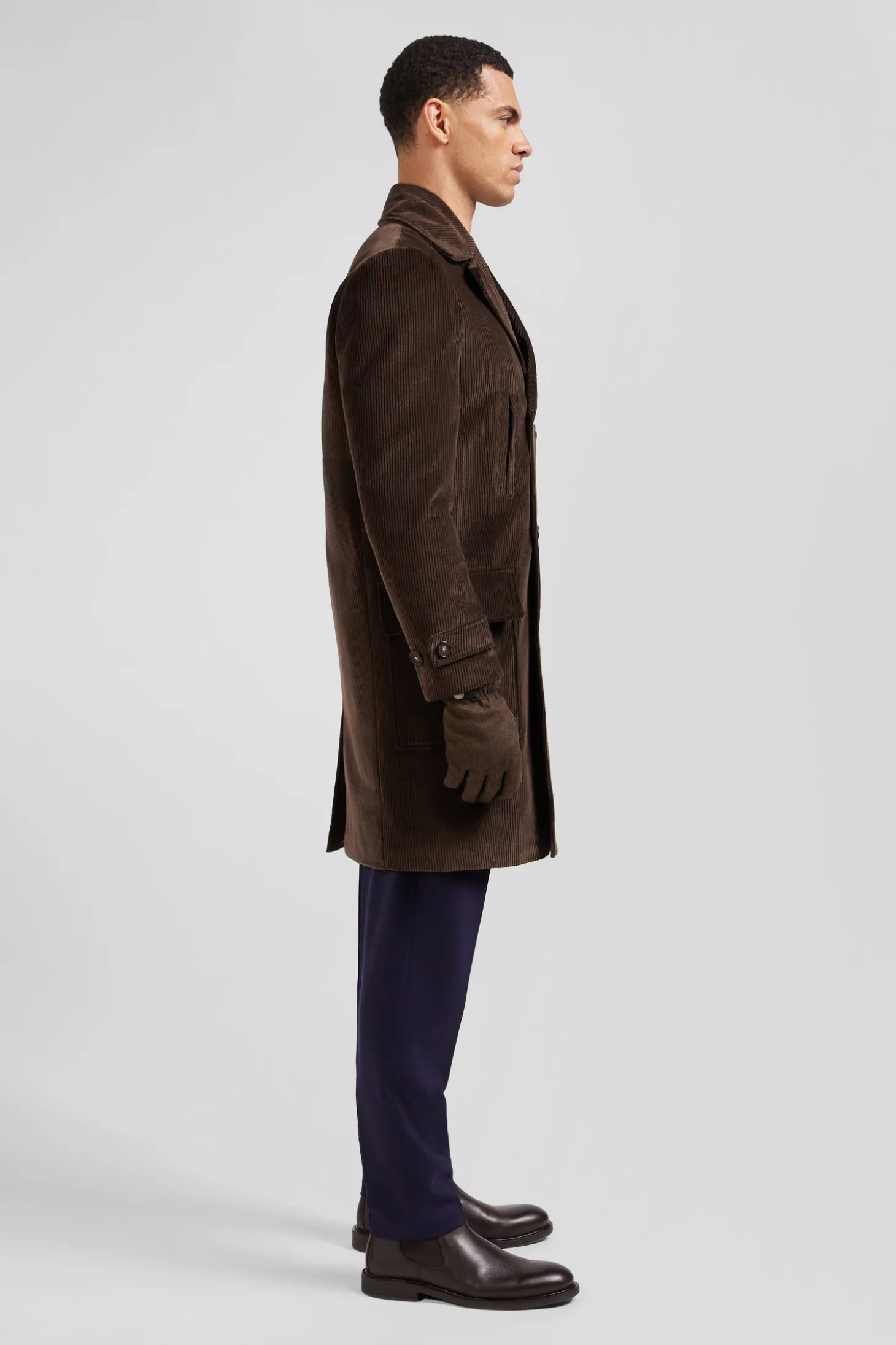 Manteau à double boutonnage en coton mélangé stretch marron