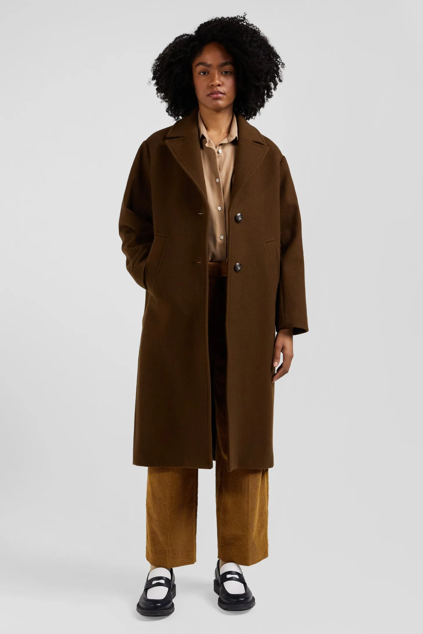 Manteau en drap de laine mélangée marron coupe Oversized