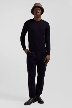 Pantalon à taille élastiquée en coton stretch bleu marine coupe Modern