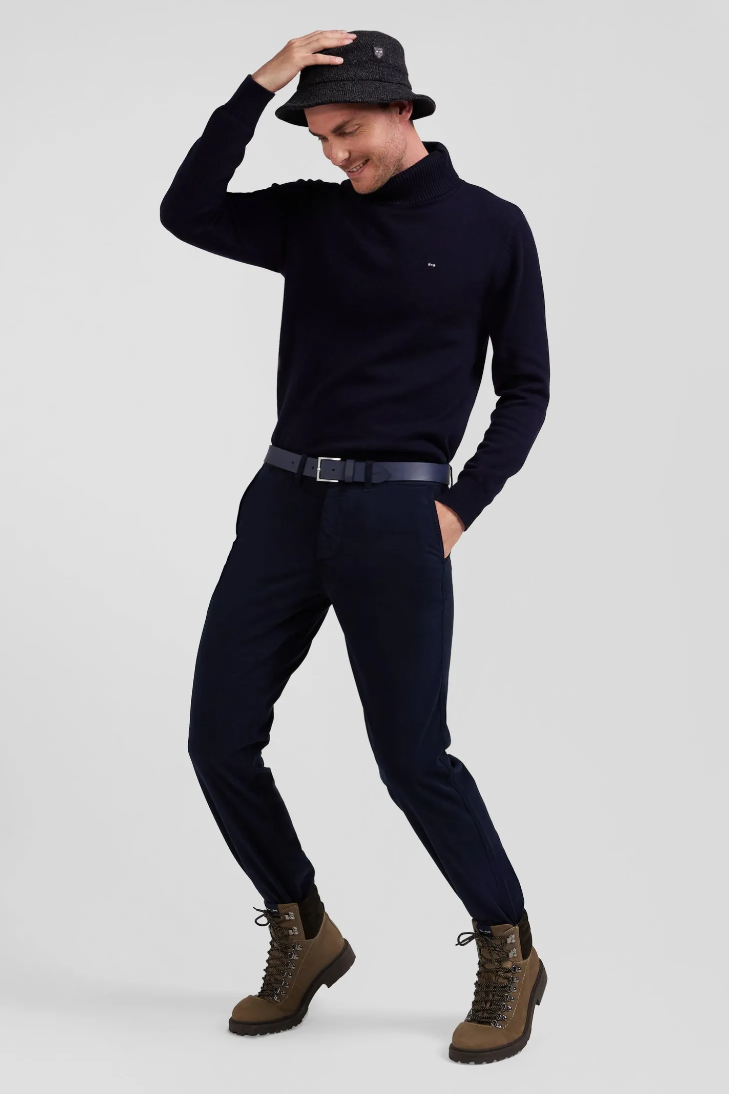 Pantalon chino bleu marine en gabardine de coton stretch coupe Regular