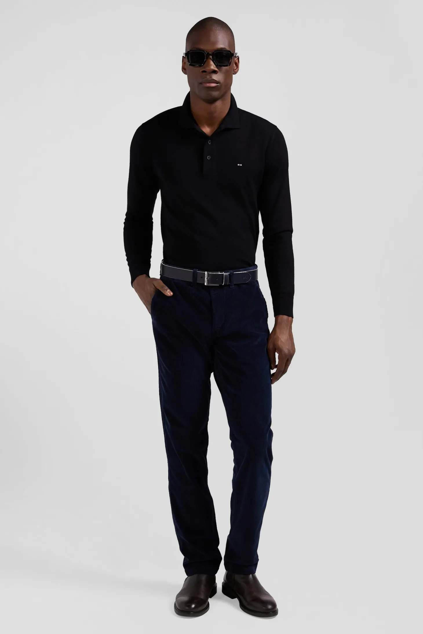 Pantalon chino en coton velours stretch marine coupe Regular