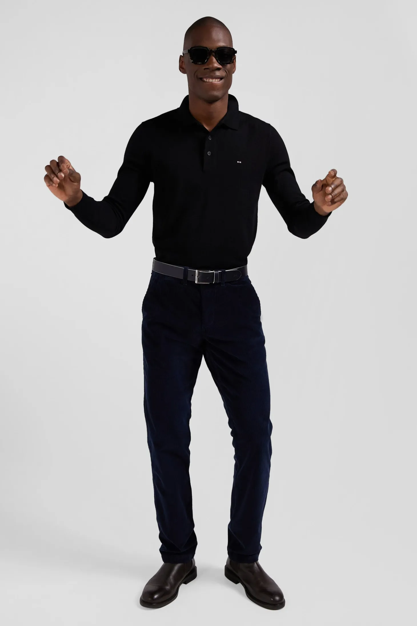 Pantalon chino en coton velours stretch marine coupe Regular