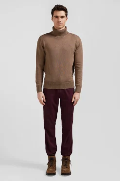 Pantalon chino en piqué de coton stretch et modal bordeaux coupe Regular