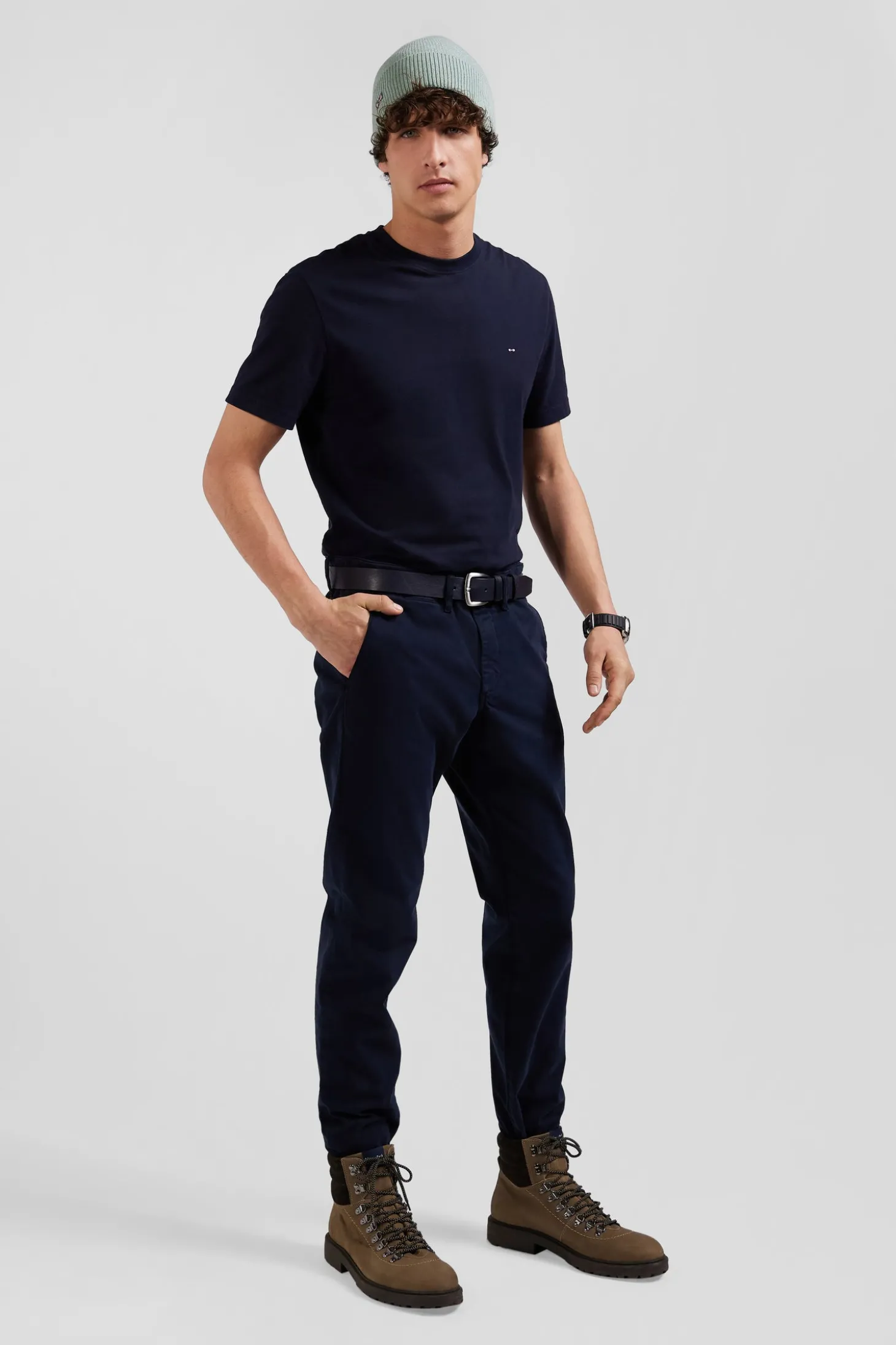 Pantalon chino uni en coton stretch bleu marine coupe Slim