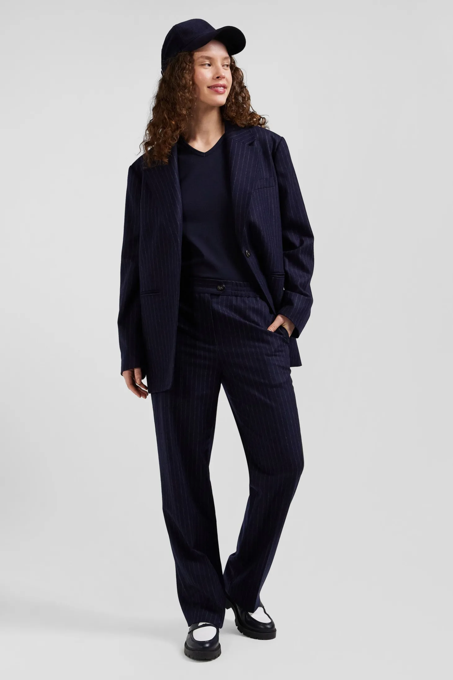 Pantalon en laine rayé bleu marine coupe Modern