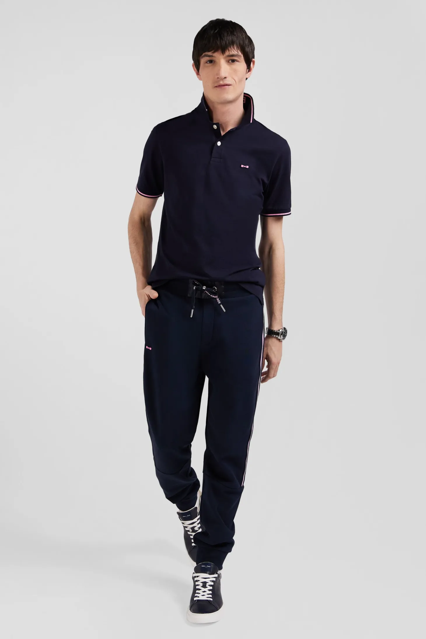 Pantalon jogging en coton mélangé bleu marine galon rayé coupe Regular