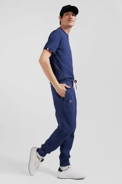 Pantalon jogging en molleton coton gratté bleu marine coupe Regular