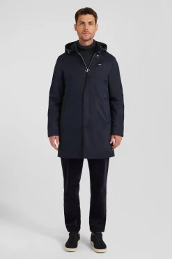 Parka à capuche amovible en nylon bleu marine