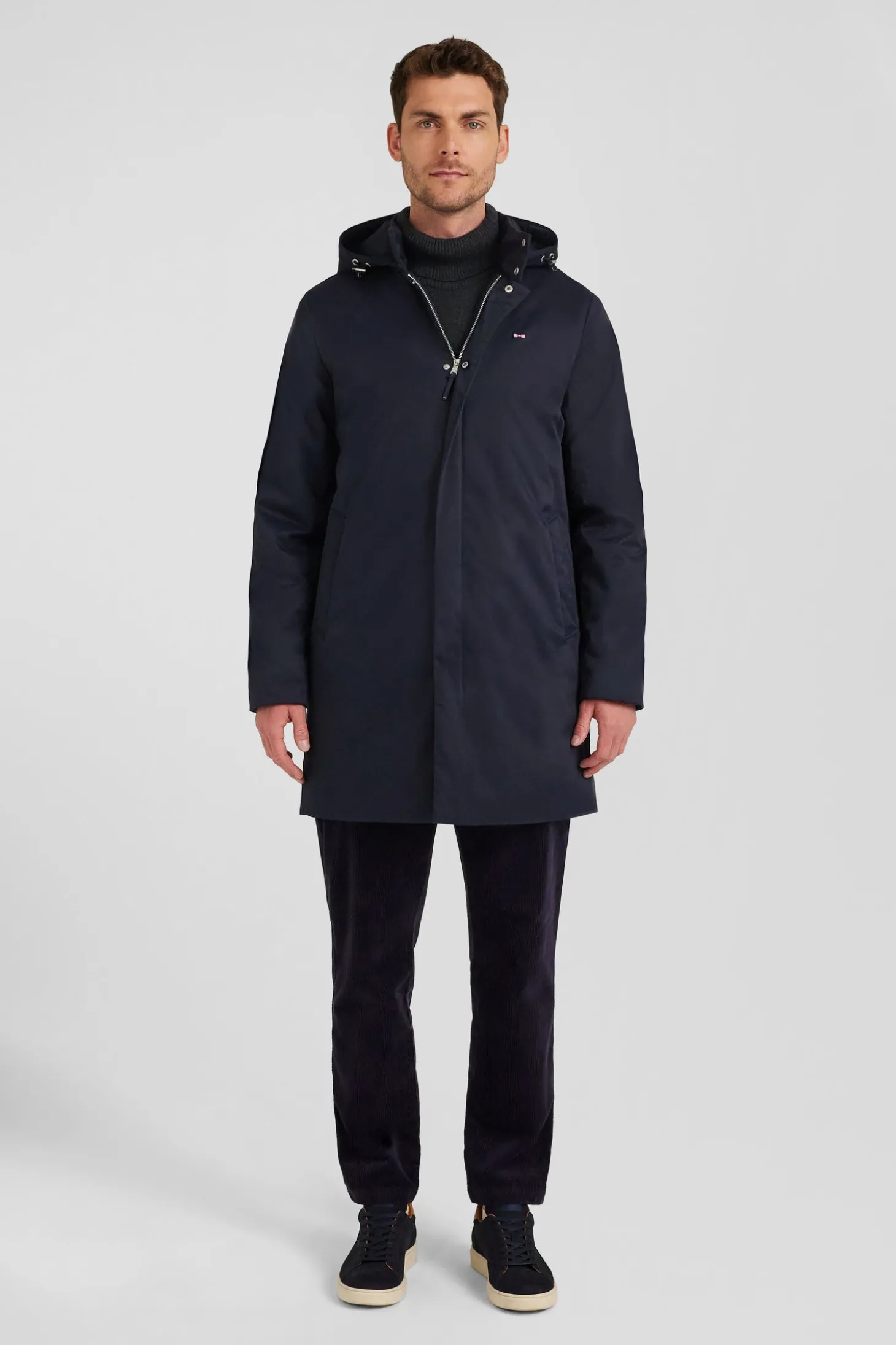 Parka à capuche amovible en nylon bleu marine