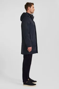 Parka à capuche amovible en nylon bleu marine