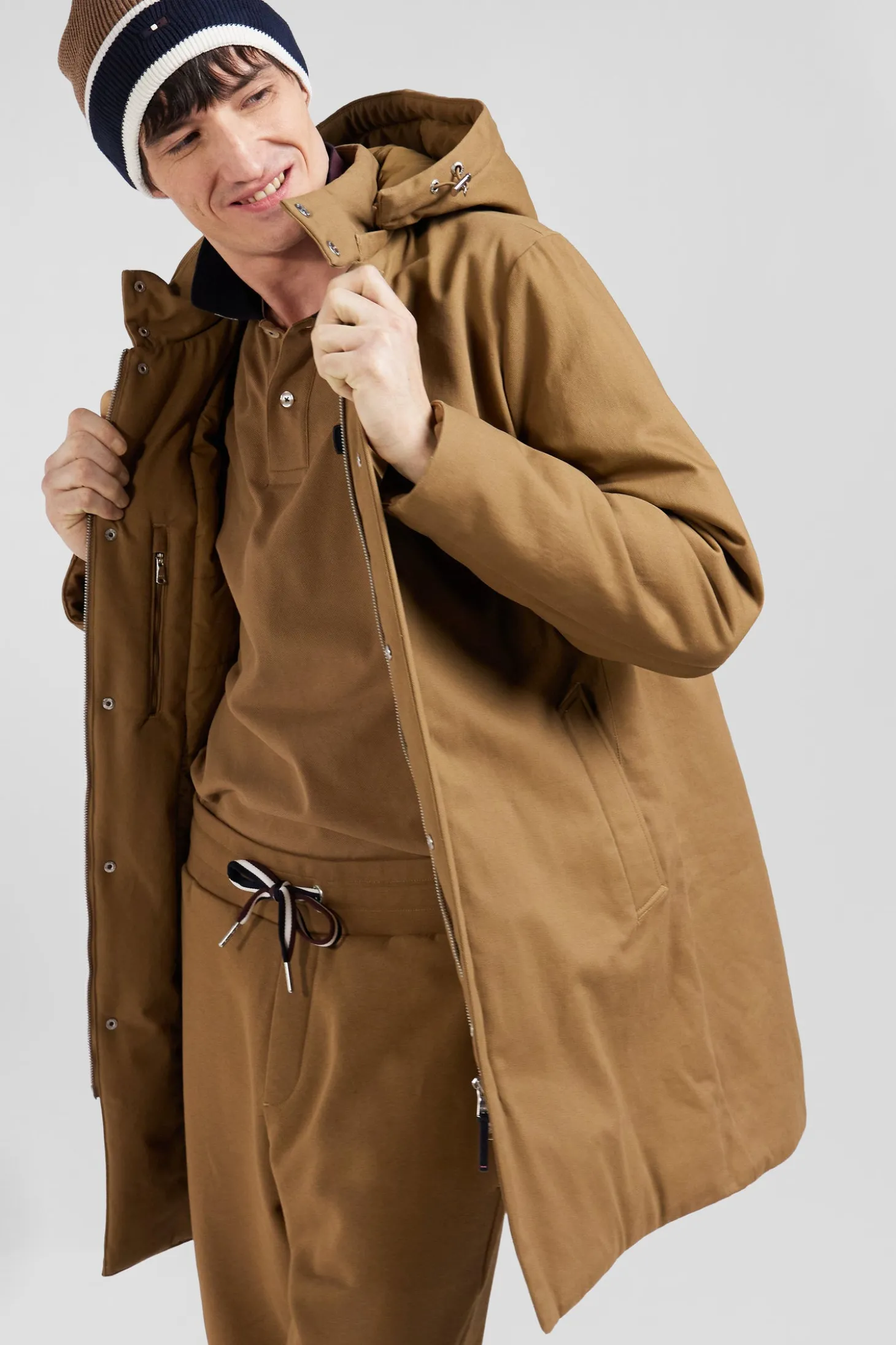 Parka à capuche en gabardine de coton camel