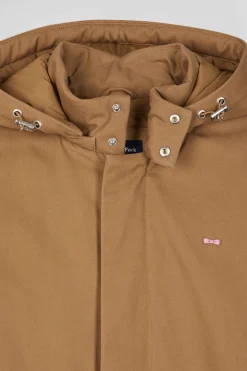 Parka à capuche en gabardine de coton camel