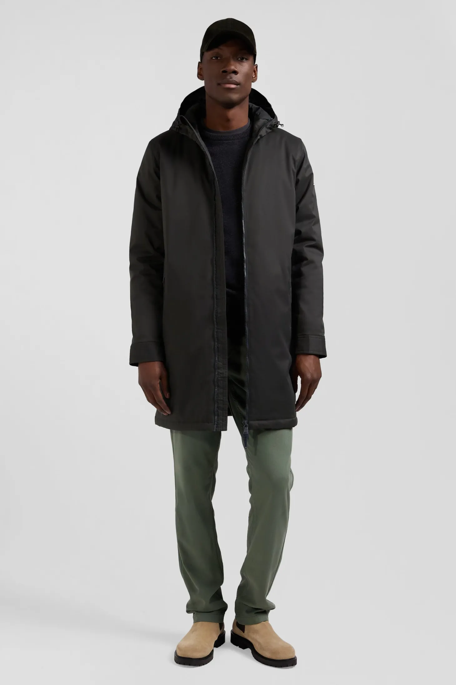 Parka longue à capuche en nylon kaki