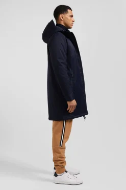 Parka longue à capuche en nylon bleu marine