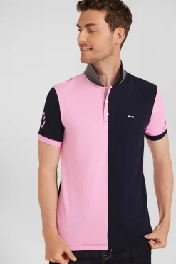 Polo manches courtes bicolore en piqué coton bleu marine et rose coupe Regular